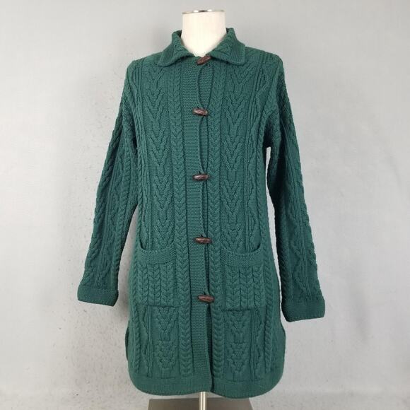 Arancrafts Sweater Womens Medium Green Merino Wool Cable Knit Cardigan Ireland - Picture 1 of 14